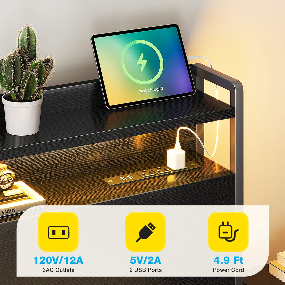 Casacomoda Twin Bed Frames, Storage Headboard with Charging Station, RGB Light Strips, Solid and Stable, Noise Free, No Box Spring Needed, Easy Assembly, Classic Black