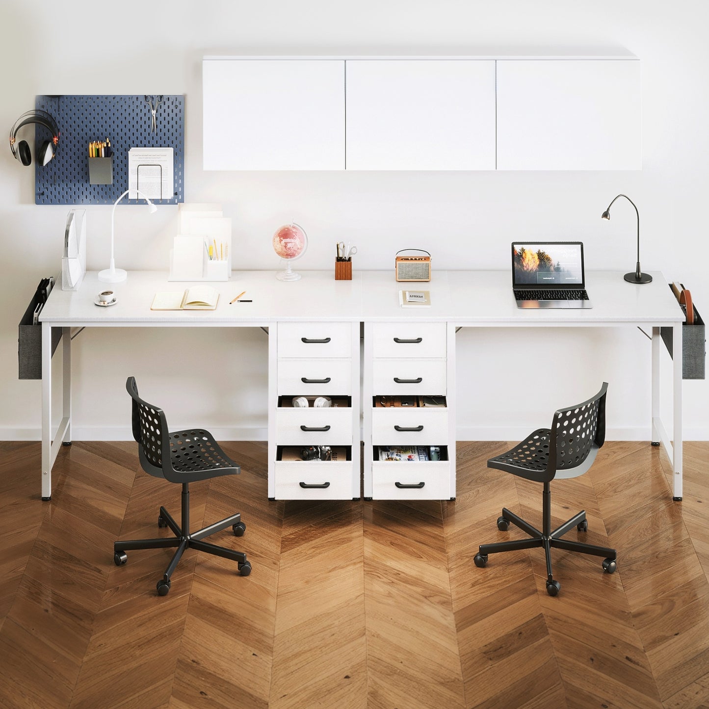 Casacomoda Small Computer Desk with 4 Fabric Drawers — Home Office Desks with Storage, Writing Desk with Side Hook and Cloth Bag, Study/Work Table for Bedroom and Small Space, White