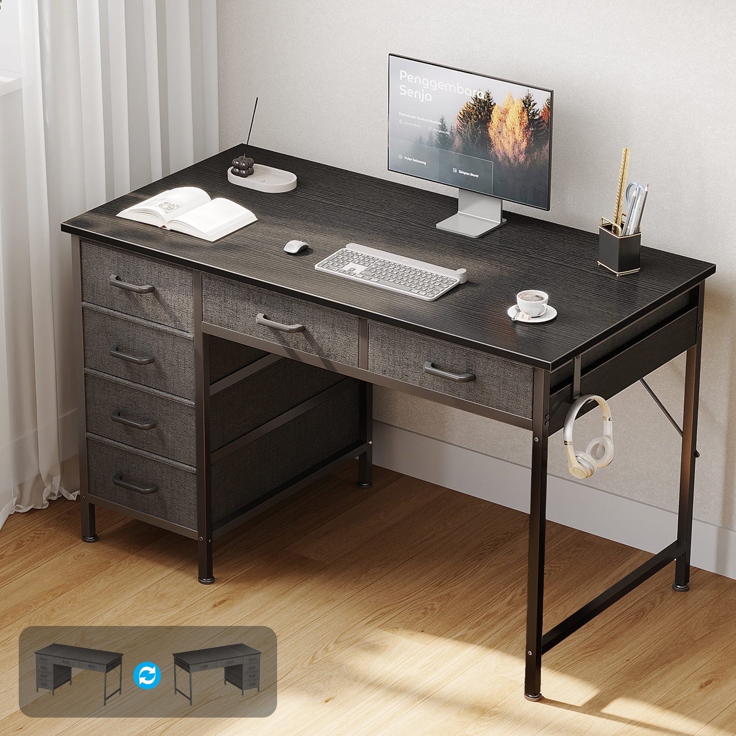 Casacomoda 40" Home Office Desk with 6 Drawers, Modern Computer Desk with Small Space, Corner Computer Desk, Black