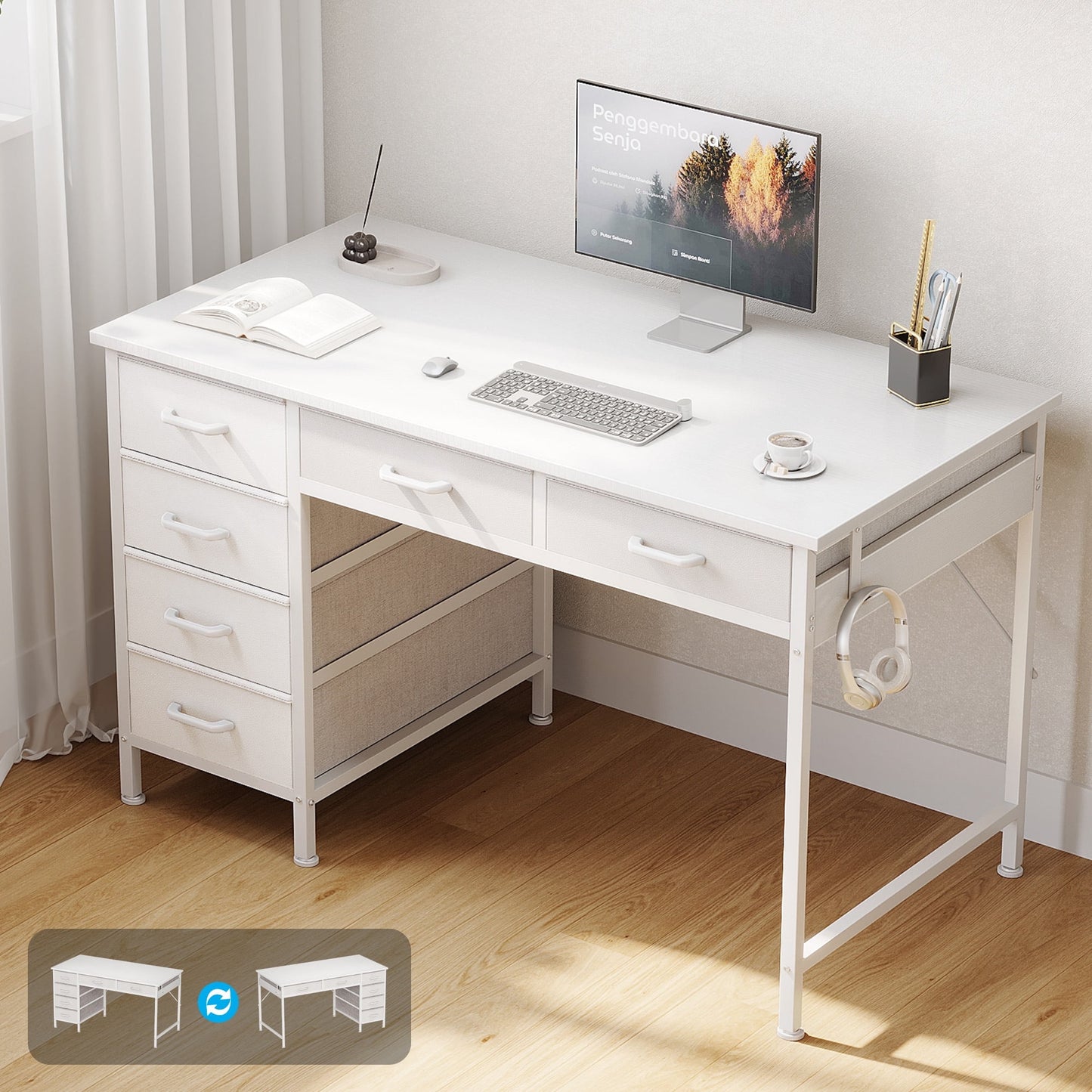 Casacomoda 40" Home Office Desk with 6 Drawers, Modern Computer Desk with Small Space, Corner Computer Desk, Pure White