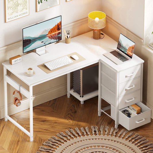 40 inch Computer Desk with 4 Fabric Drawers — Home Office Desks with Storage, Writing Desk with Side Hook, Desk Study/Work Table for Bedroom and Small Space, White