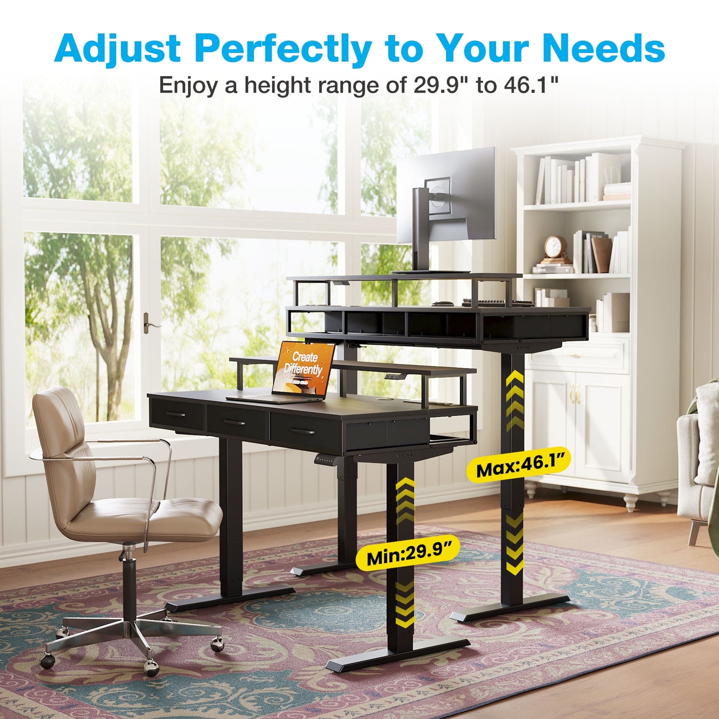 Casacomoda 48“ Electric Standing Desk with Power Outlets and LED Lights, Adjustable Height Sit Stand Desk with Monitor Shelf & 3 Fabric Drawers for Home Office, Black