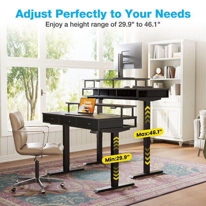 Casacomoda 48“ Electric Standing Desk with Power Outlets and LED Lights, Adjustable Height Sit Stand Desk with Monitor Shelf & 3 Fabric Drawers for Home Office, Black