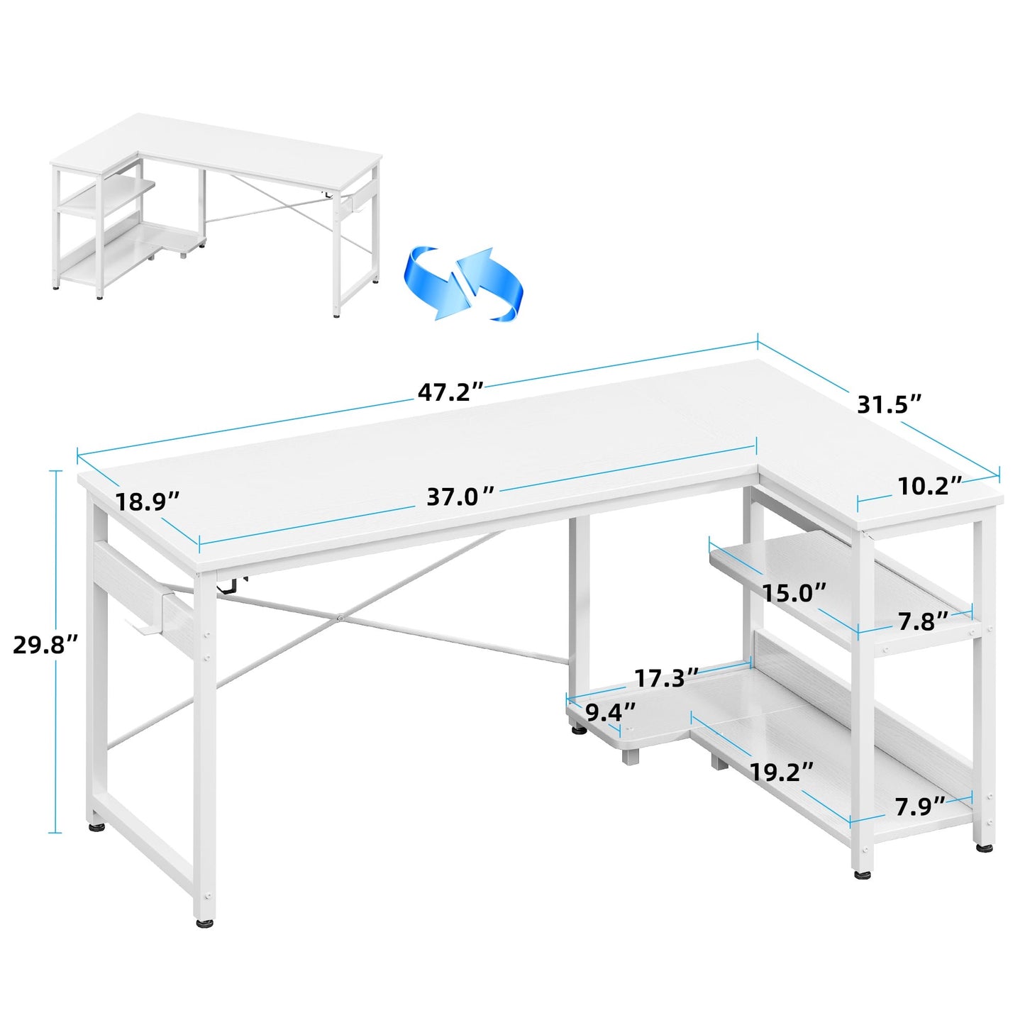 Casacomoda 48 Inch L Shaped Computer Desk with Power Outlet Shelves, Reversible Corner Desk for Small Space Home Office, L-Shaped Desk PC Desks, White
