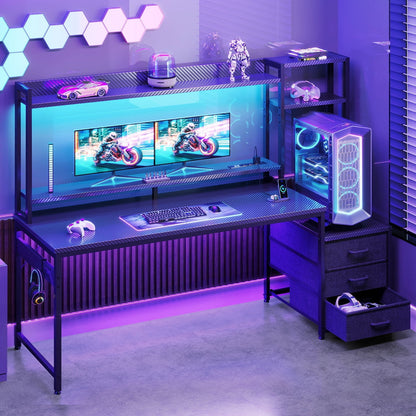 Casacomoda 63" Gaming Desk with Hutch and Drawers, RGB LED Lights, Computer Desk with Power Outlets for Home Office, Black