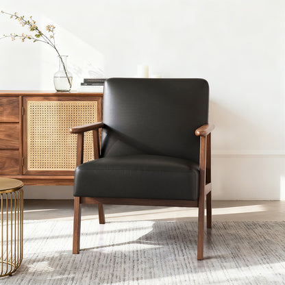 Casacomoda PU Leather Accent Chair for Bedroom, Living Room Chair with Solid Wood Legs, Reading Arm Chair with Soft Cushion for Adults, Black