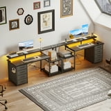 Casacomoda 55 Inch Computer Desk with USB Ports and Power Outlets, Printer Shelf & Built-in LED, 4 Drawers & Storage Shelf, Home Office Desks, Black