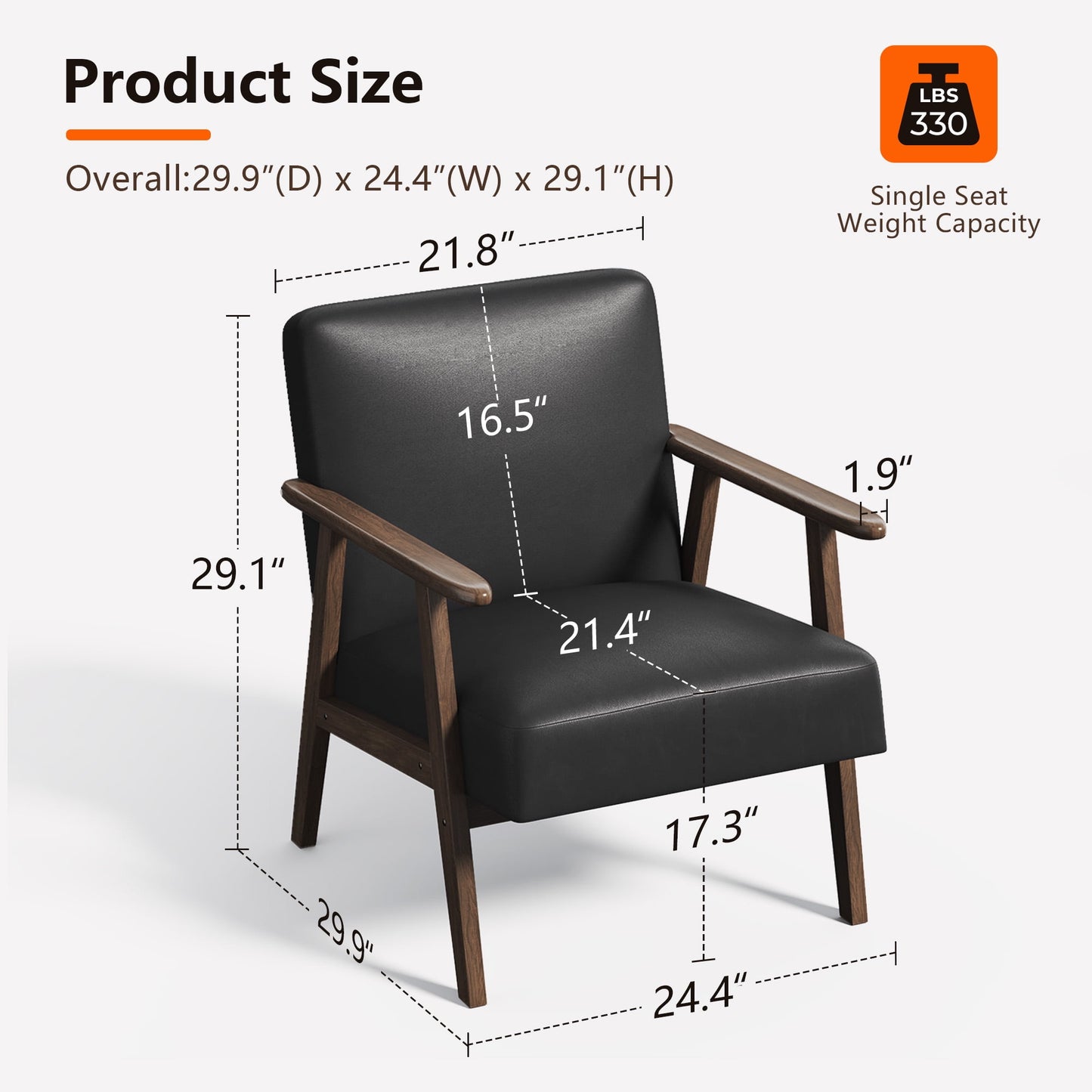 Casacomoda PU Leather Accent Chair for Bedroom, Living Room Chair with Solid Wood Legs, Reading Arm Chair with Soft Cushion for Adults, Black