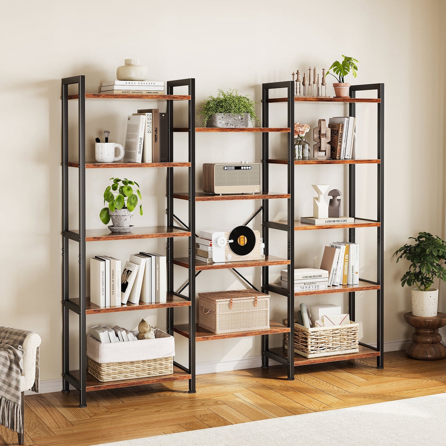 Casacomoda Triple Wide 5 Tier Bookshelf, Rustic Industrial Style Bookcases with 15 Open Display Shelves, Modern Tall Bookcase Furniture for Bedroom, Living Room and Home Office, Rustic Brown