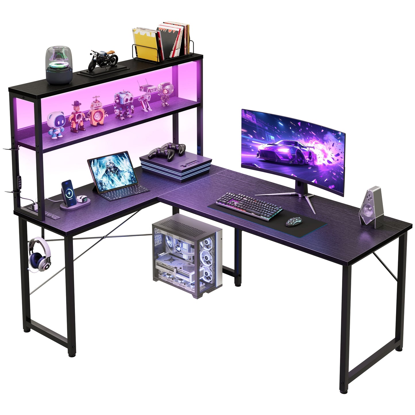 53 Inch L-Shaped Office Desk with Power Outlets, Gaming Desk with LED Lights for Home Office, Corner Computer Desk with Hutch, Black