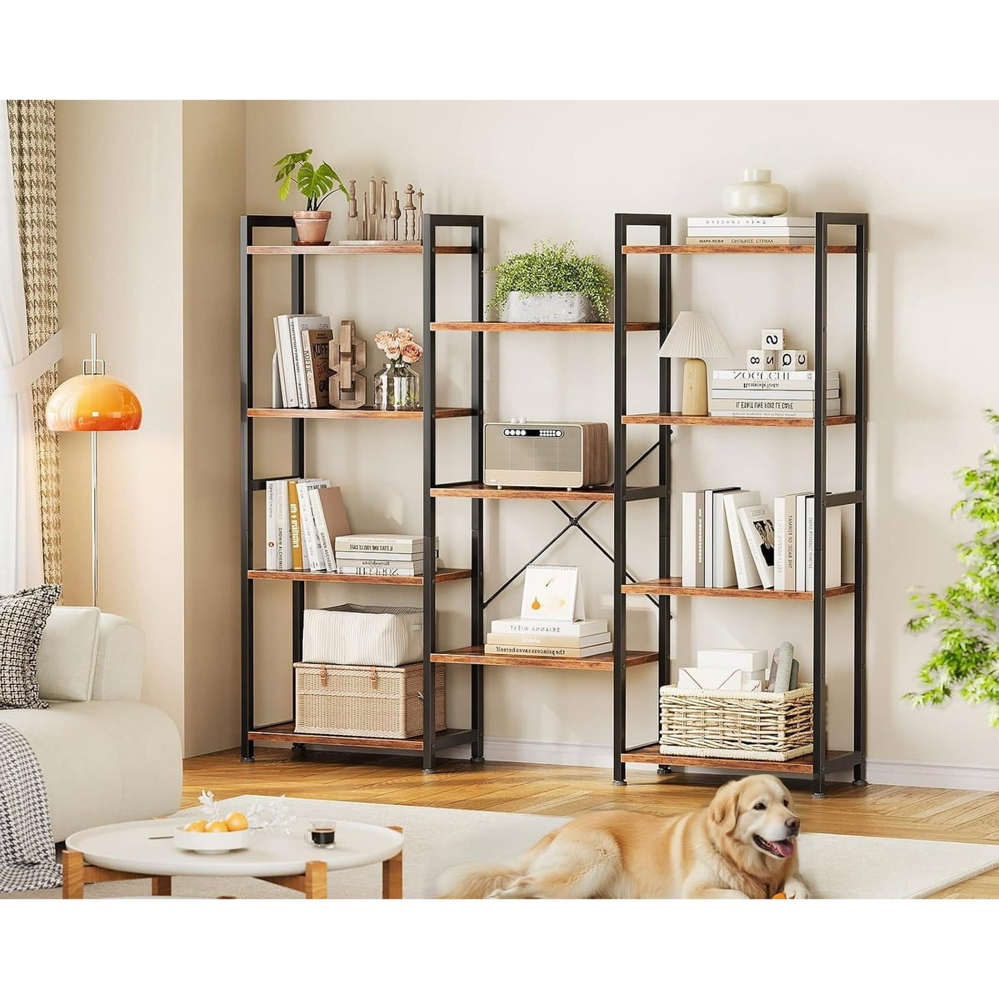 Casacomoda Triple Wide 4 Tier Bookshelf, Rustic Industrial Style Bookcases with 15 Open Display Shelves, Modern Tall Bookcase Furniture for Bedroom, Living Room and Home Office, Rustic Brown