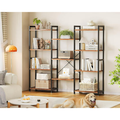 Casacomoda Triple Wide 4 Tier Bookshelf, Rustic Industrial Style Bookcases with 15 Open Display Shelves, Modern Tall Bookcase Furniture for Bedroom, Living Room and Home Office, Rustic Brown
