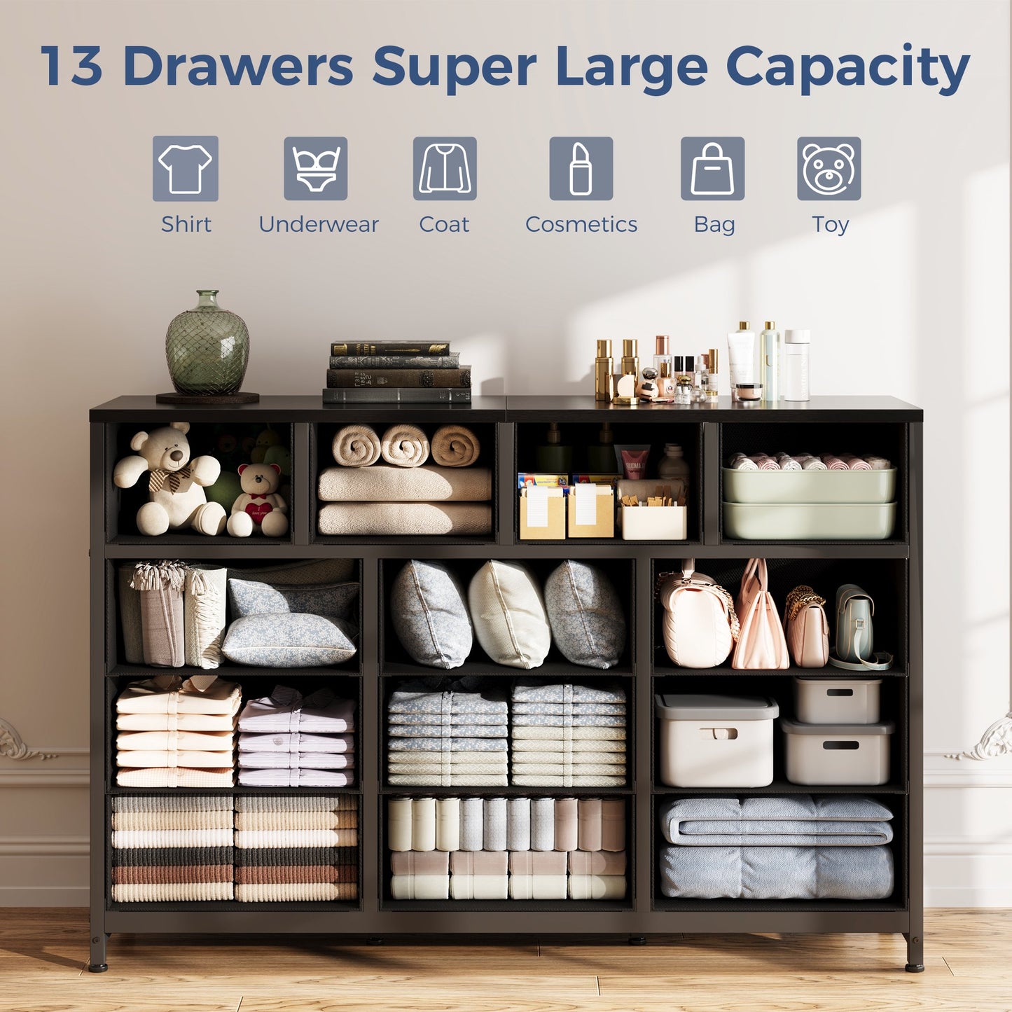 Casacomoda Dresser with 13 Storage Drawers, 55-Inch Long Dressers for Bedroom, Large Dressers TV Stand, Black