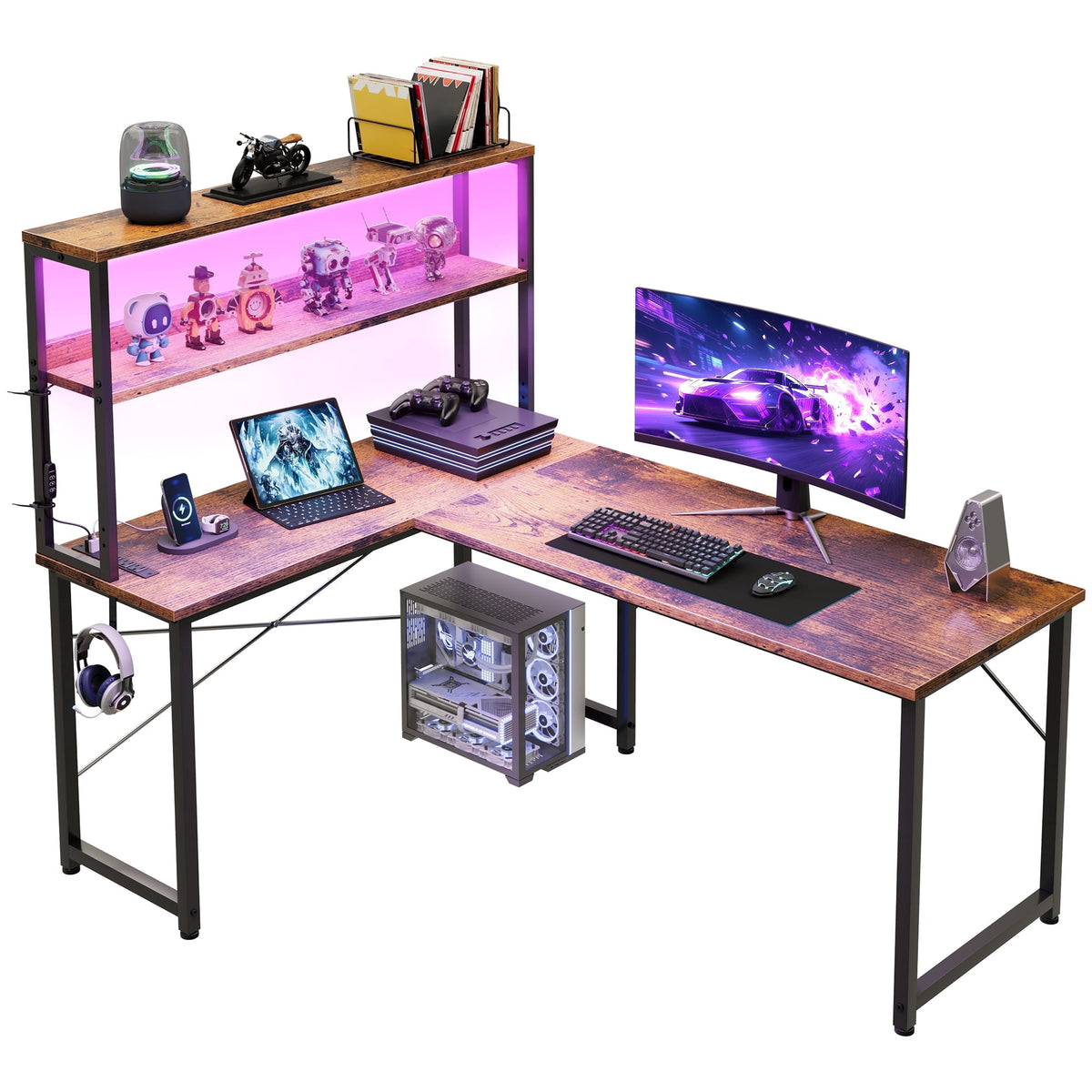 Casacomoda L Shaped Gaming desk, 53 Inch Computer Desk with Shelves, Reversible Display Shelf Gaming Desk with Led Light & Charging Station, Vintage
