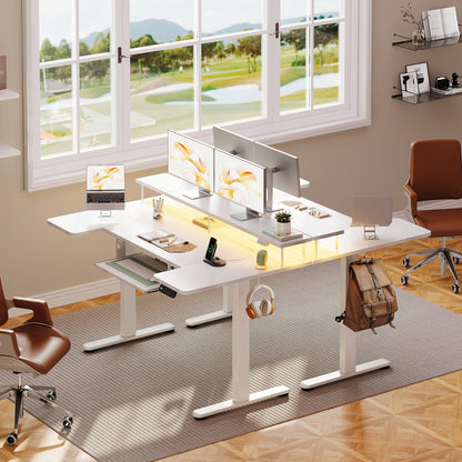Casacomoda 55 inch U Shaped Electric Standing Desk with Keyboard Tray, Height Adjustable Desk with Power Outlets & LED Lights, Sit Stand Table with Monitor Stand for Home, Office, White