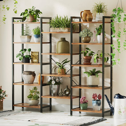 Casacomoda Triple Wide 5 Tier Bookshelf, Rustic Industrial Style Bookcases with 15 Open Display Shelves, Modern Tall Bookcase Furniture for Bedroom, Living Room and Home Office, Rustic Brown