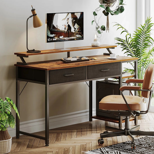 48 Inch Computer Desk with 2 Fabric Drawers and Adjustable Storage Shelves, Home Office Desk with Monitor Stand for Bedroom, Vintage and Black