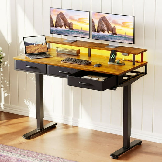 Casacomoda Electric Standing Desk with Power Outlets and LED Lights, Adjustable Height Sit Stand Desk with Monitor Shelf & 3 Fabric Drawers for Home Office, Vintage