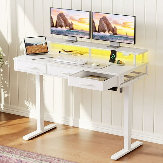 Casacomoda Electric Standing Desk with Power Outlets and LED Lights, Adjustable Height Sit Stand Desk with Monitor Shelf & 3 Fabric Drawers for Home Office, White