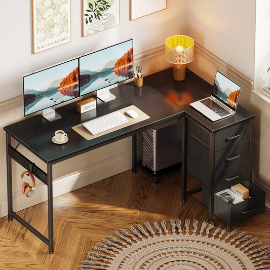 48 inch Computer Desk with 4 Fabric Drawers — Home Office Desks with Storage, Writing Desk with Side Hook, Desk Study/Work Table for Bedroom and Small Space, Black