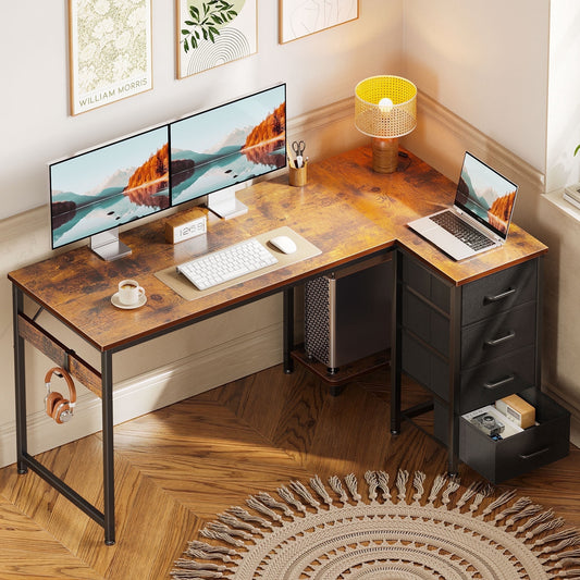 48 inch Computer Desk with 4 Fabric Drawers — Home Office Desks with Storage, Writing Desk with Side Hook, Desk Study/Work Table for Bedroom and Small Space, Vintage
