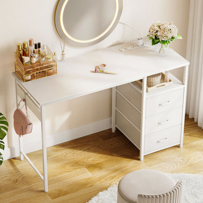 48 inch Computer Desk with Power Outlets, Home Office Desk with 3 Drawers, Writing Desk, Vanity Desk for bedroom, White
