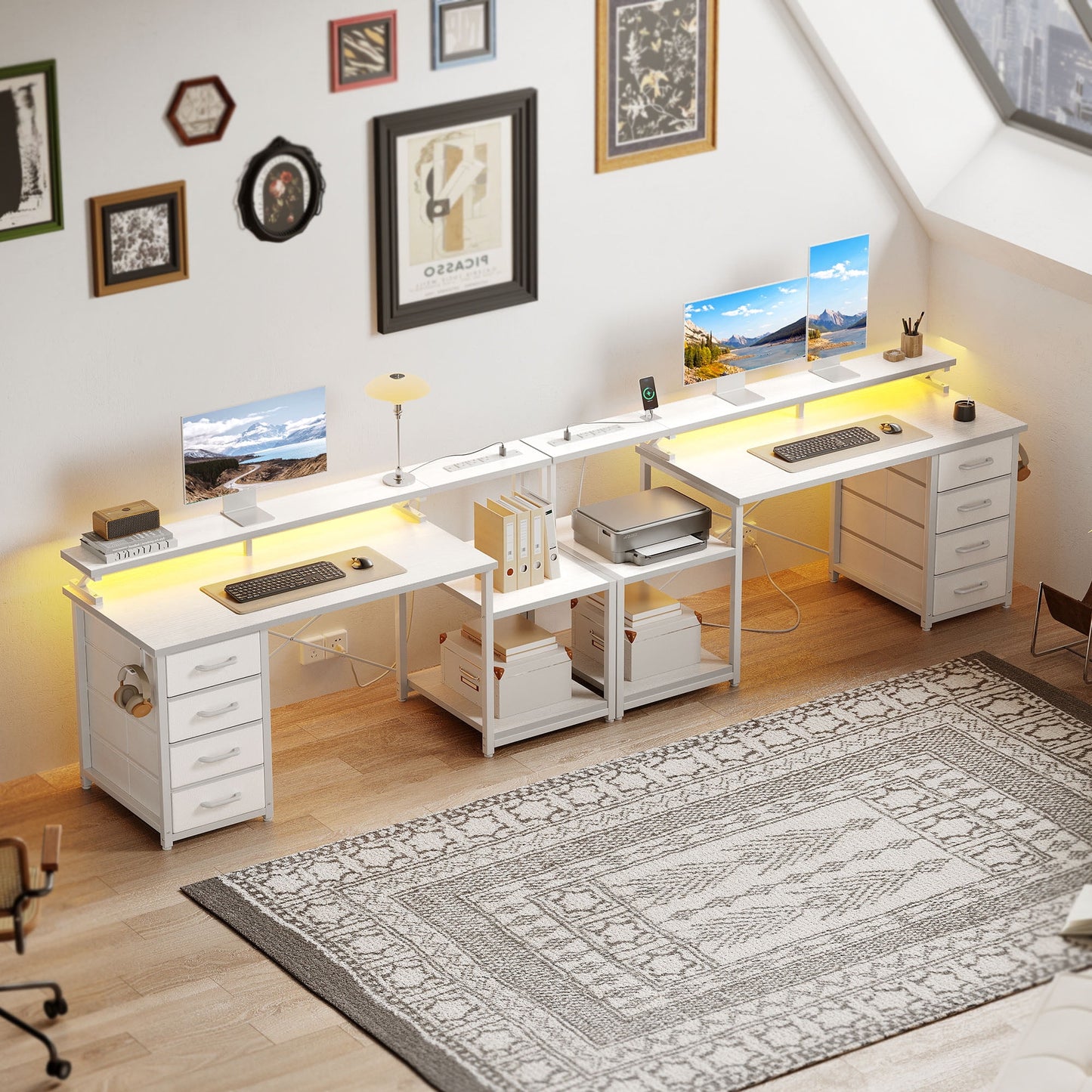 Casacomoda 55 Inch Computer Desk with USB Ports and Power Outlets, Printer Shelf & Built-in LED, 4 Drawers & Storage Shelf, Home Office Desks, White