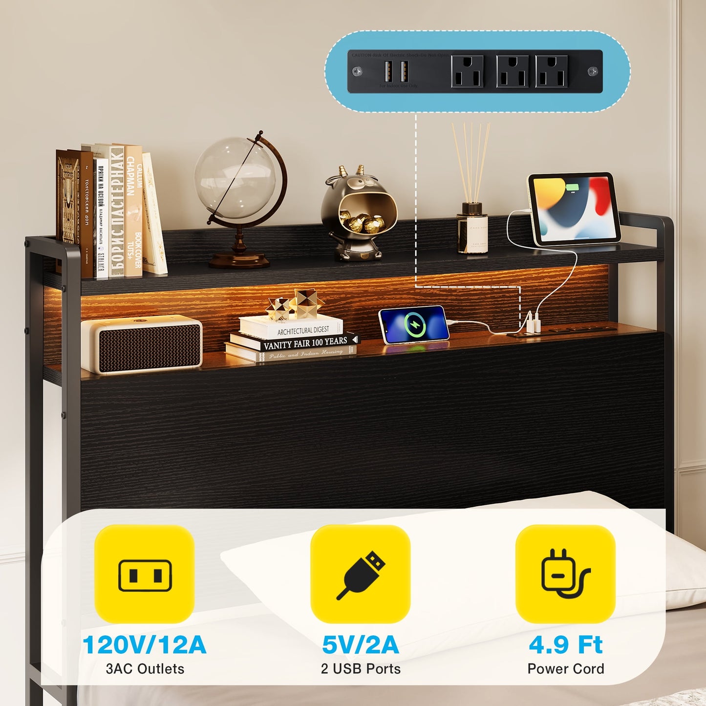 Casacomoda Twin Size Bed Frame with Storage Headboard, Metal Platform Bed Frame with Storage Drawer, Bed Frame with Charging Station & LED Light, No Box Spring Needed, Black