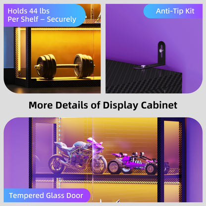 Casacomoda Display Cabinet with Glass Door & LED Lights, 63" 4-Tier Curio Cabinet, Modern Glass Display Case for Living Room & Bedroom, Black