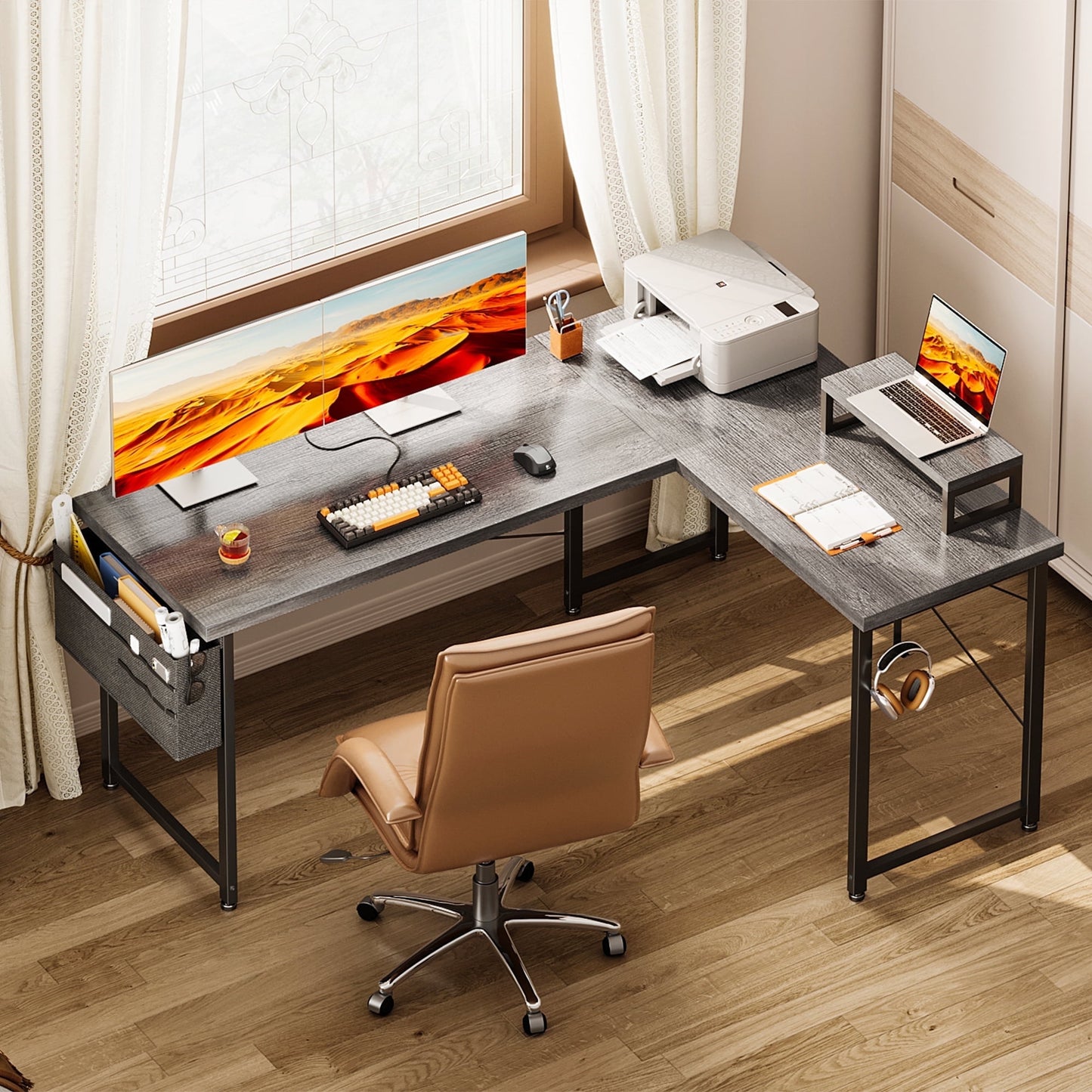 Casacomoda 57“ L Shaped Desk, Gaming Desk with Headphone Hook, Computer Desk for Bedroom, Grey Oak