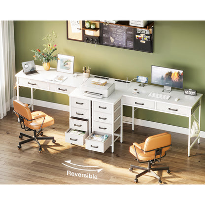 Casacomoda 50 inch L Shaped Desk with 6 Drawers, Computer Desk with Power Outlets & USB Ports, Home Office Reversible Corner Desk for Small Space, Study Work Table with Hook, White