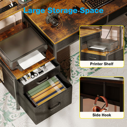 Computer Desk with 4 Drawers, 55 Inch Reversible Desk with Power Outlet, Home Office Desk with File Drawer & Monitor Stand, Vintage