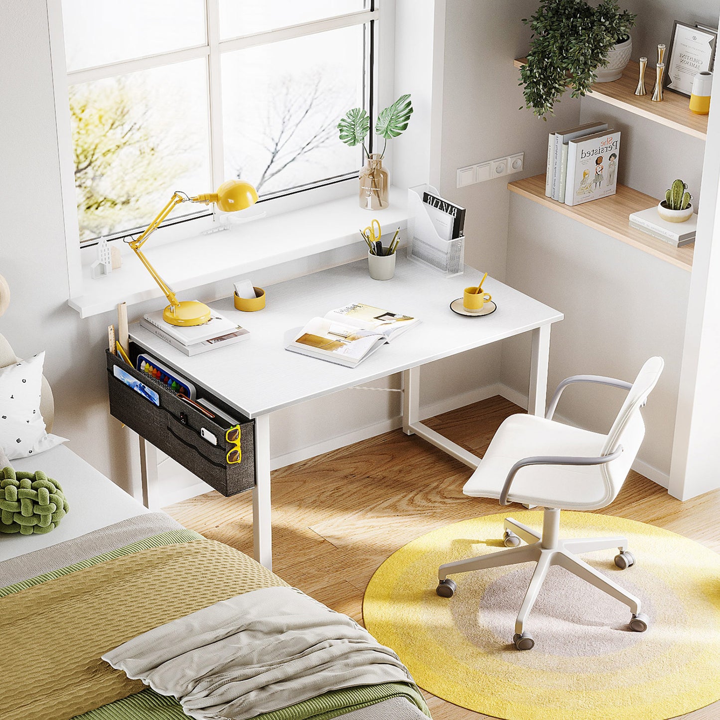Casacomoda Computer Writing Desk 40 inch, Sturdy Home Office Table, Work Desk with a Storage Bag and Headphone Hook, Pure White