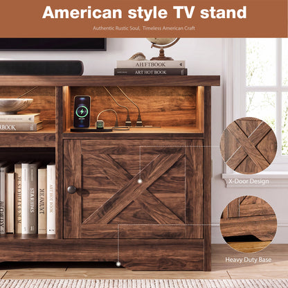 Casacomoda Farmhouse LED TV Stand for 80 inch TVs, Entertainment Center with Power Outlet, Media Console with Storage Cabinets and Shelves, Walnut