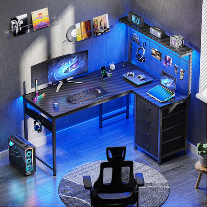 Casacomoda 43 inch L Shaped Desk with 4 Storage Drawers, Reversible L Shaped Gaming Desk with Power Outlets & LED Lights, Computer Desk with Movable CPU Stand & Hutch for Home Office, Black