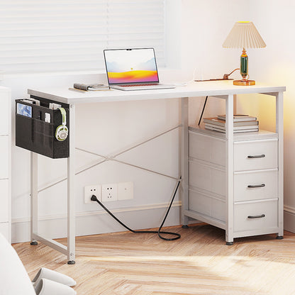 Casacomoda 40 Inch Small Computer Desk with Fabric Drawers and Charging Station, Home Office Desk with Storage Shelf, White
