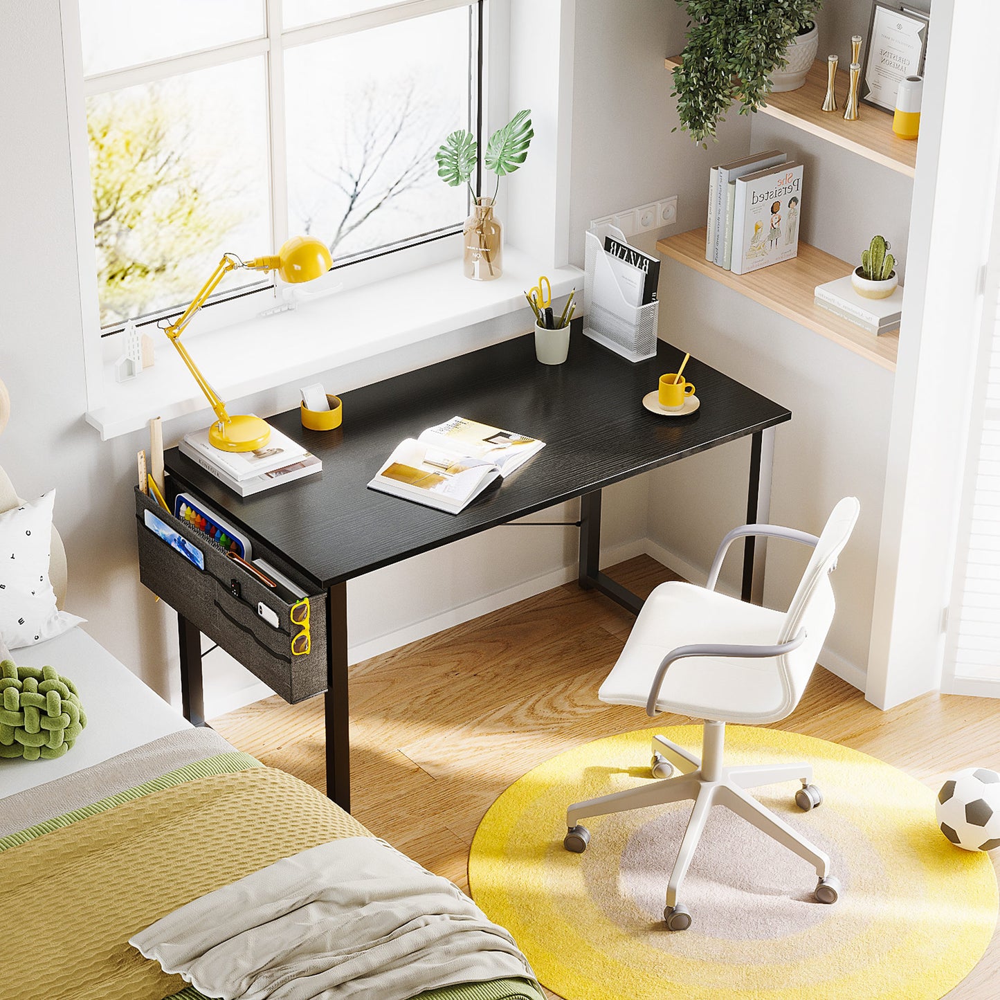 Casacomoda Computer Writing Desk 40 inch, Sturdy Home Office Table, Work Desk with a Storage Bag and Headphone Hook, Black