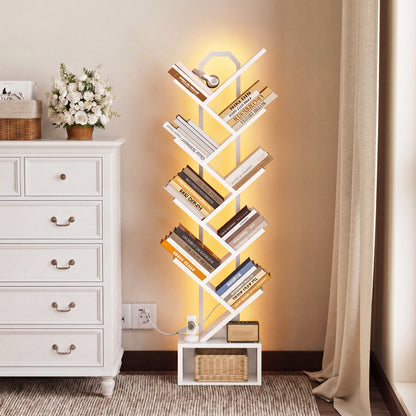 Casacomoda 8 Tier Tree Bookshelf, Bookcase with LED Lights, Display Floor Standing Storage Shelf, Book Organizer Shelves for Home Office, Living Room, White