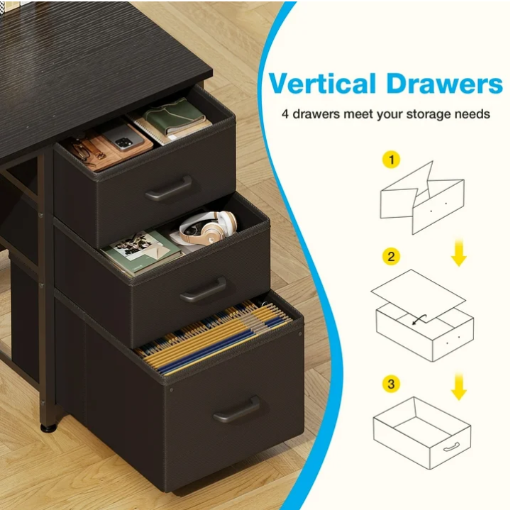51 Inch Computer Desk with File Drawers & USB Power Outlets- Reversible Home Office Desk with Storage Shelves, Work from Home, Writing Table for Bedroom, Black