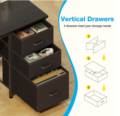 51 Inch Computer Desk with File Drawers & USB Power Outlets- Reversible Home Office Desk with Storage Shelves, Work from Home, Writing Table for Bedroom, Black