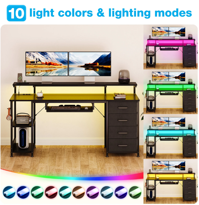 55 Inch Office Desk with Power Outlet and Adjustable Monitor Stand, Computer Desk with Fabric Drawer and Keyboard Tray, Gaming Desk with LED Light & PC Stand, Table for Bedroom with USB Ports, Black