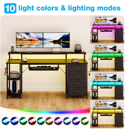 55 Inch Office Desk with Power Outlet and Adjustable Monitor Stand, Computer Desk with Fabric Drawer and Keyboard Tray, Gaming Desk with LED Light & PC Stand, Table for Bedroom with USB Ports, Black