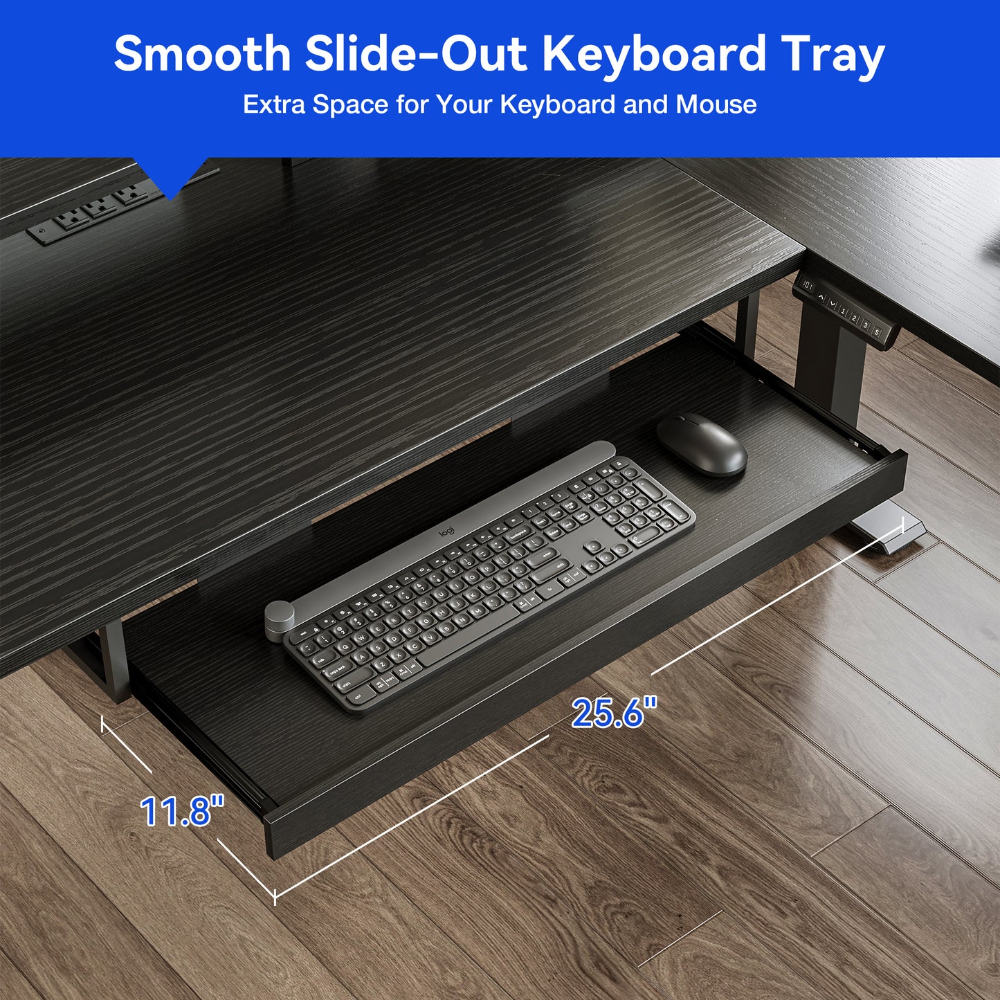 L-Shaped Electric Standing Desk, Height Adjustable Corner Desk with Fabric Drawers, Computer Desk with Monitor Shelf & Keyboard Tray, 3 Power Outlets & 2 USB Ports, Black