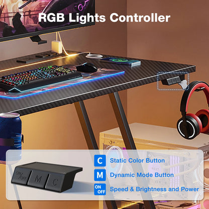 31.5 inch Gaming Desk with Z-Leg Design, Computer Desk with LED Light & Power Outlet, Gaming Table Suitable for Small Space, Black
