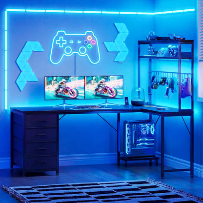 Casacomoda 59" L-Shaped Gaming Desk with 4 Fabric Drawers, LED Lights & Power Outlets, Reversible Corner Computer Desk with Hutch, Shelves & Pegboard for Home Office, Blac