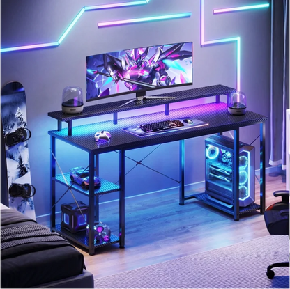 Casacomoda 48 Inch Gaming Desk with LED Lights, Computer Desk with Monitor Stand, Storage Shelves and CPU Stand, Home Office Desk, Black