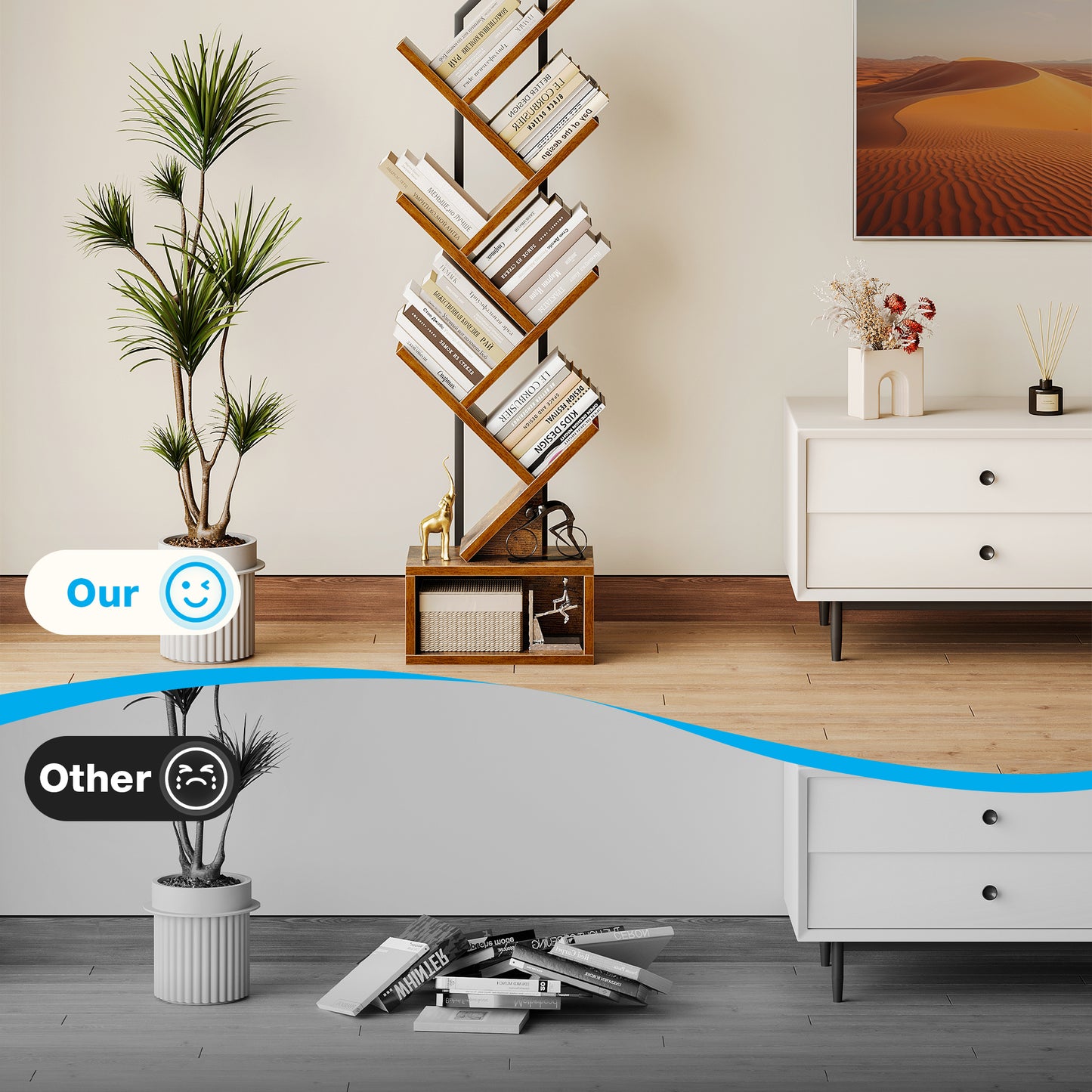 Casacomoda Tree Bookshelf - 6 Shelf Retro Floor Standing Bookcase, Tall Wood Book Storage Rack for CDs/Movies/Books, Utility Book Organizer Shelves for Bedroom, Living Room, Home Office