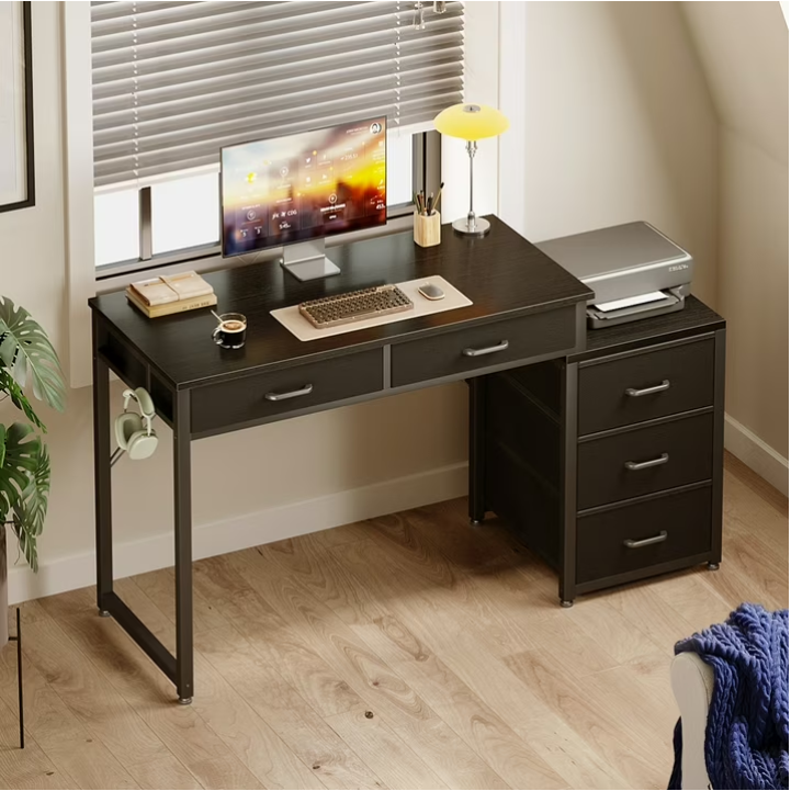 Casacomoda Computer Desk with 5 Drawers, Reversible Home Office Desks with Printer Stand, Study Writing Table Workstation for Small Spaces, Black