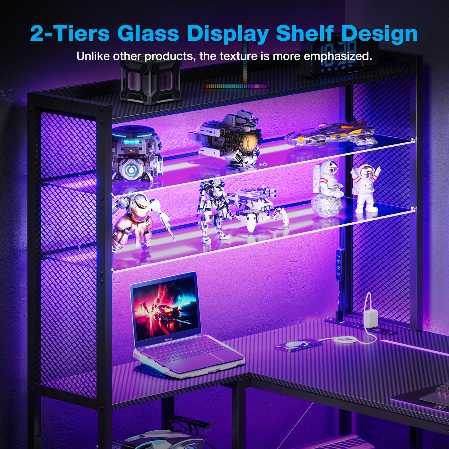 KKL L Shaped Gaming Desk, Reversible Computer Desk with Power Outlet, Gaming Table with LED Lights, L Shaped Desk with Glass Display Storage Shelves, Glass Gaming Desk, Black