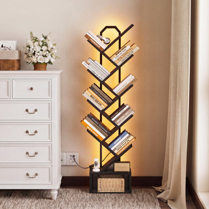 Casacomoda 8 Tier Tree Bookshelf, Bookcase with LED Lights, Display Floor Standing Storage Shelf, Book Organizer Shelves for Home Office, Living Room, Black